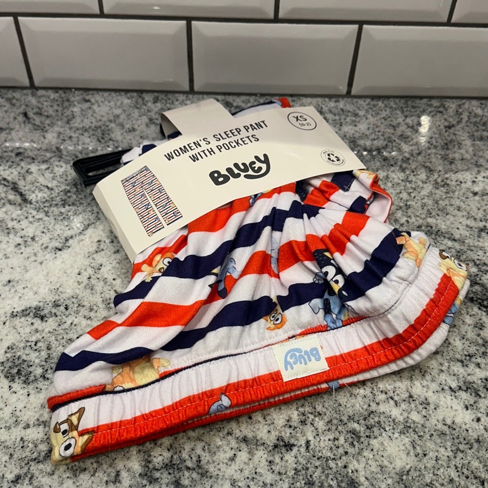 Bluey Women XS Sleep Pant Red White Blue Striped Pockets Pajama Bottoms Lounge